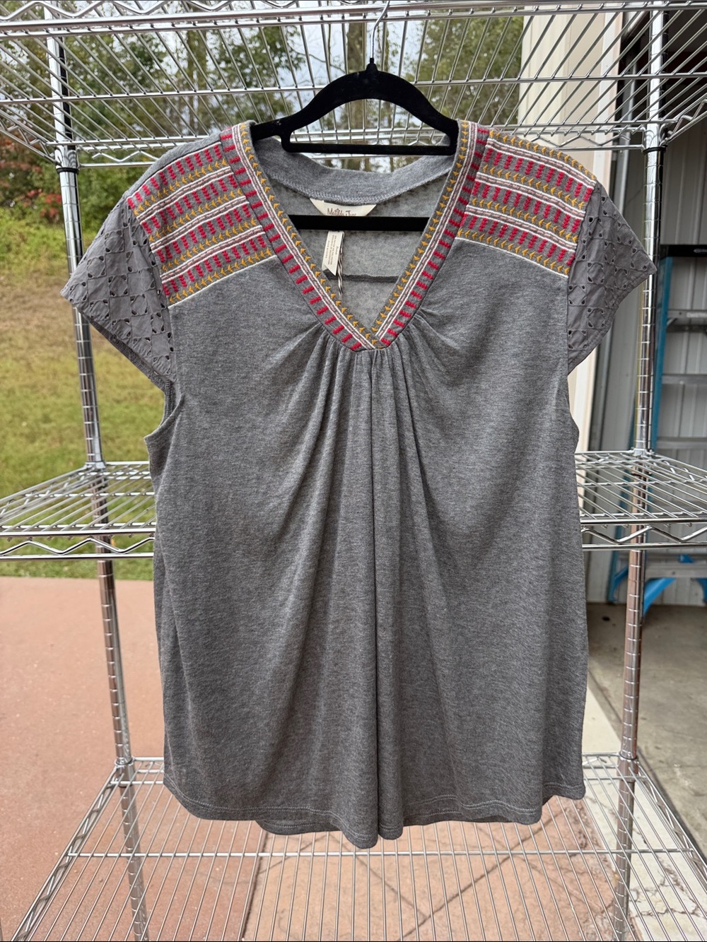 Matilda Jane Heather Gray V-Neck Tee with Pink & Gold Embroidered Yoke